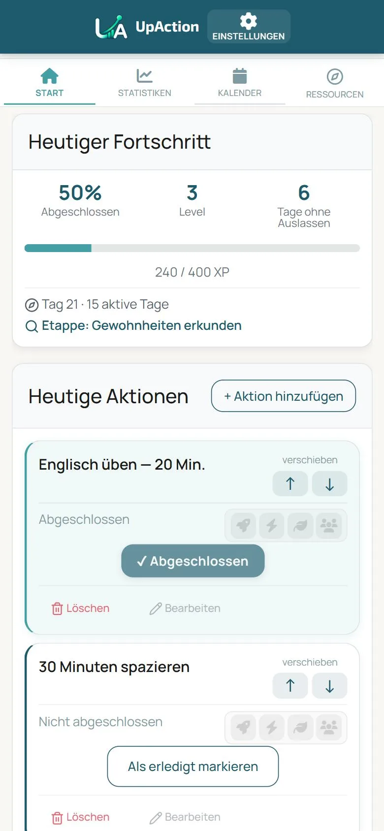 Ihre Handlungen für heute